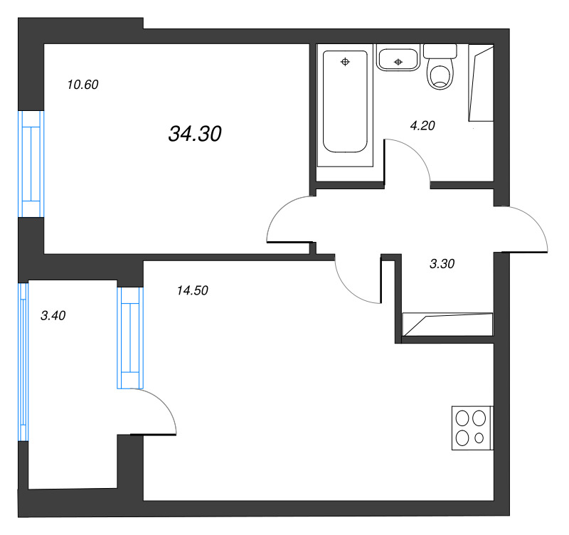 2-комнатная (Евро) квартира, 34.3 м² - планировка, фото №1