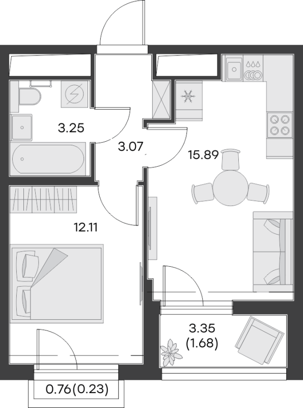 2-комнатная (Евро) квартира, 36.23 м² - планировка, фото №1