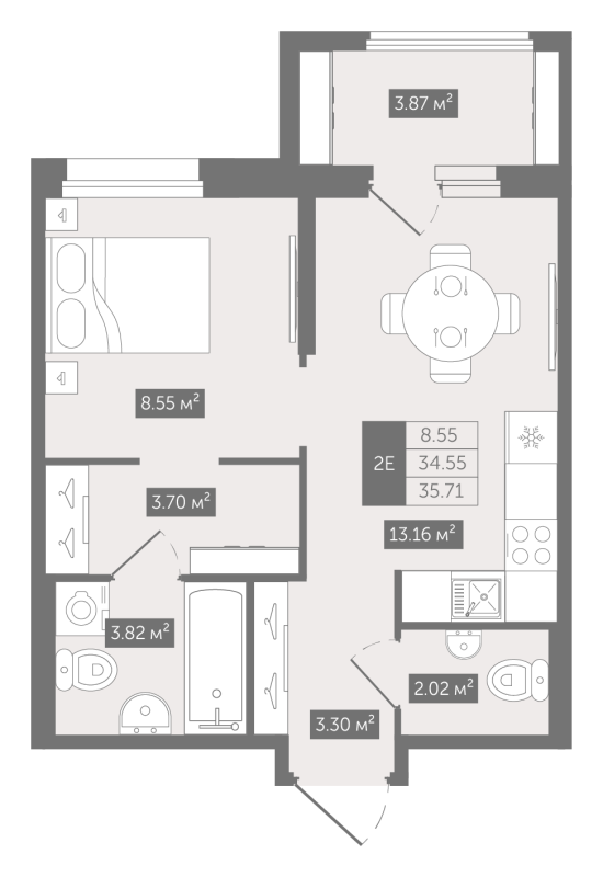 1-комнатная квартира, 35.71 м² в ЖК "Квартал «Воронцовский»" - планировка, фото №1