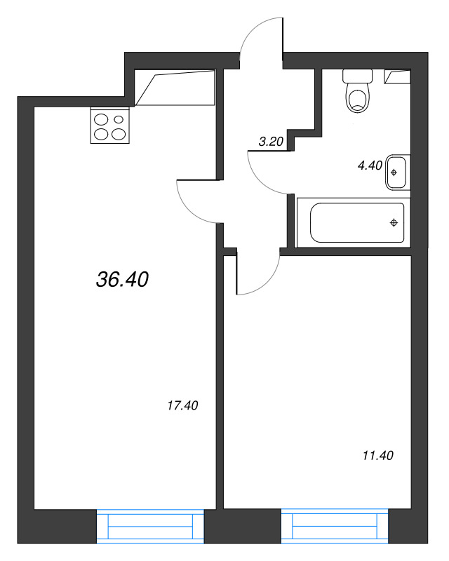 2-комнатная (Евро) квартира, 37.1 м² в ЖК "Большая Охта" - планировка, фото №1