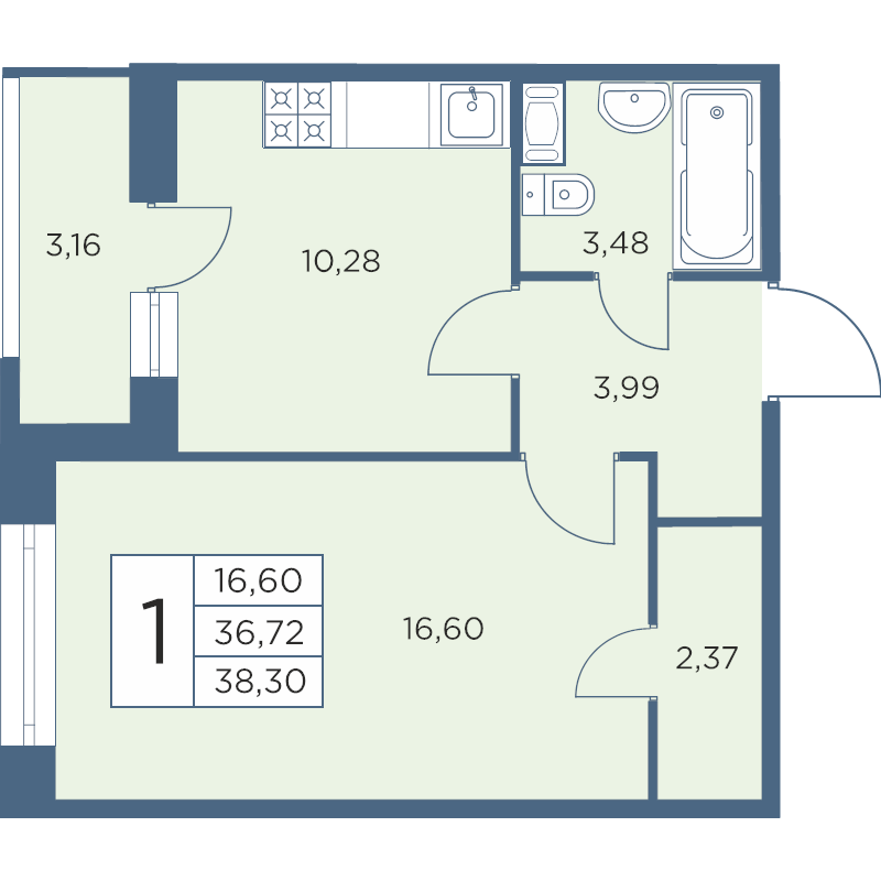 1-комнатная квартира, 38.3 м² - планировка, фото №1