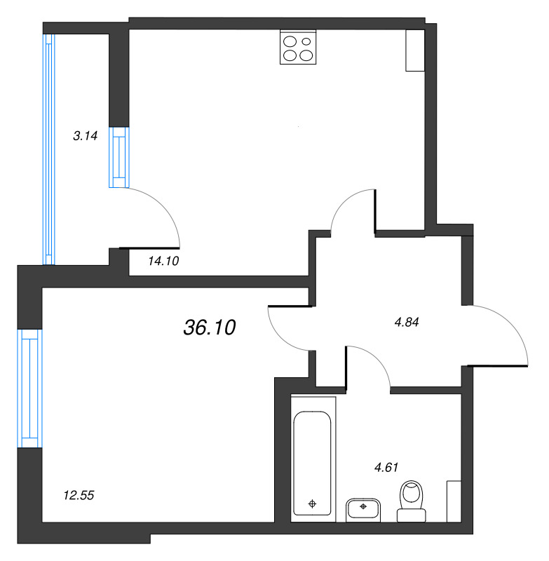 1-комнатная квартира, 36.1 м² в ЖК "ПАТИО. Уютный квартал" - планировка, фото №1