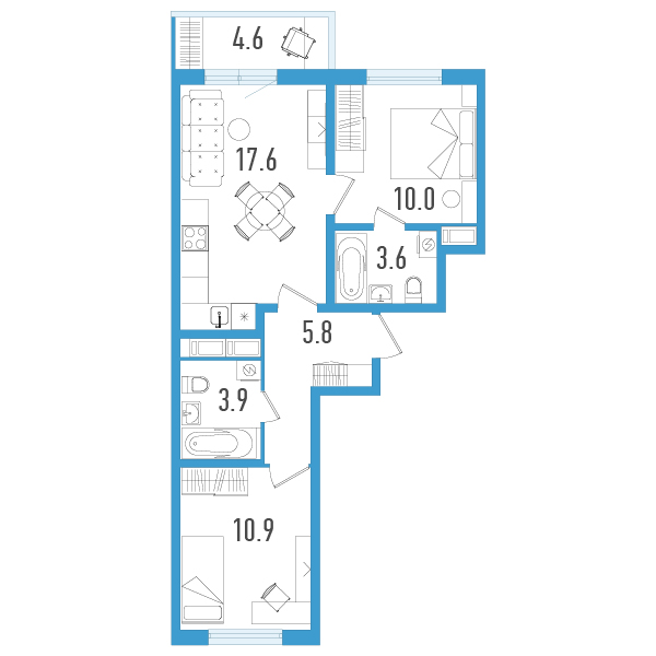 3-комнатная (Евро) квартира, 53.2 м² в ЖК "Аэросити" - планировка, фото №1