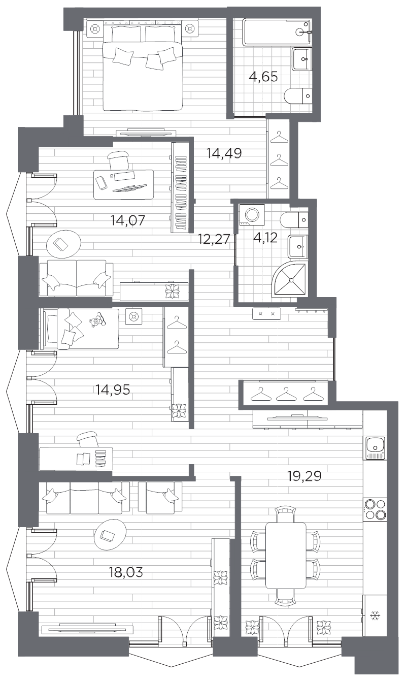 5-комнатная (Евро) квартира, 101.87 м² в ЖК "Галерная гавань" - планировка, фото №1