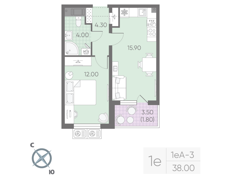 2-комнатная (Евро) квартира, 38 м² в ЖК "Ручьи" - планировка, фото №1