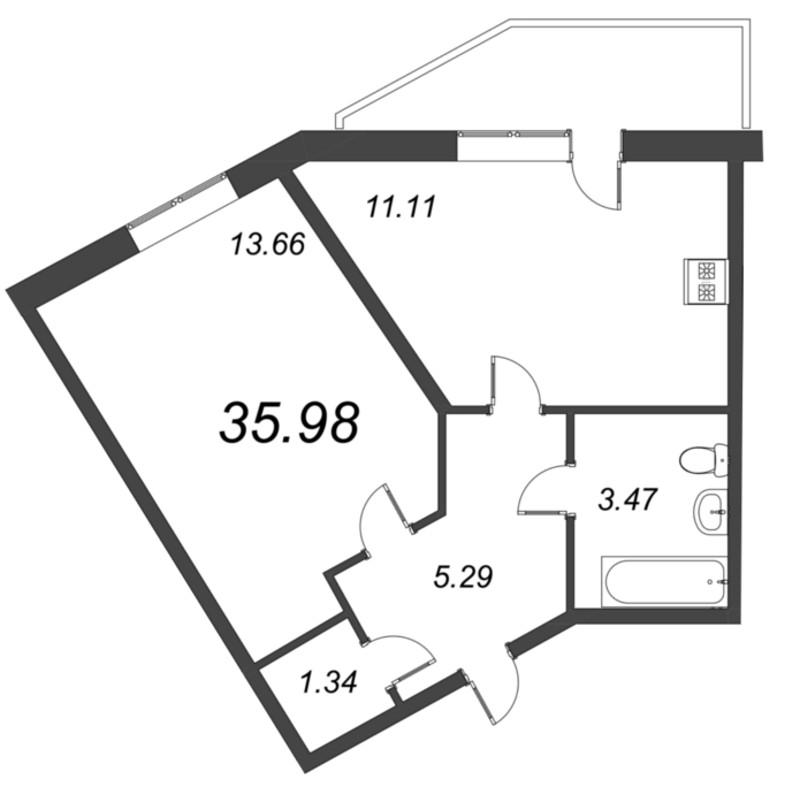 1-комнатная квартира, 35.98 м² в ЖК "Капральский" - планировка, фото №1