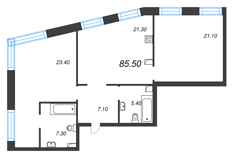 3-комнатная (Евро) квартира, 85.5 м² - планировка, фото №1