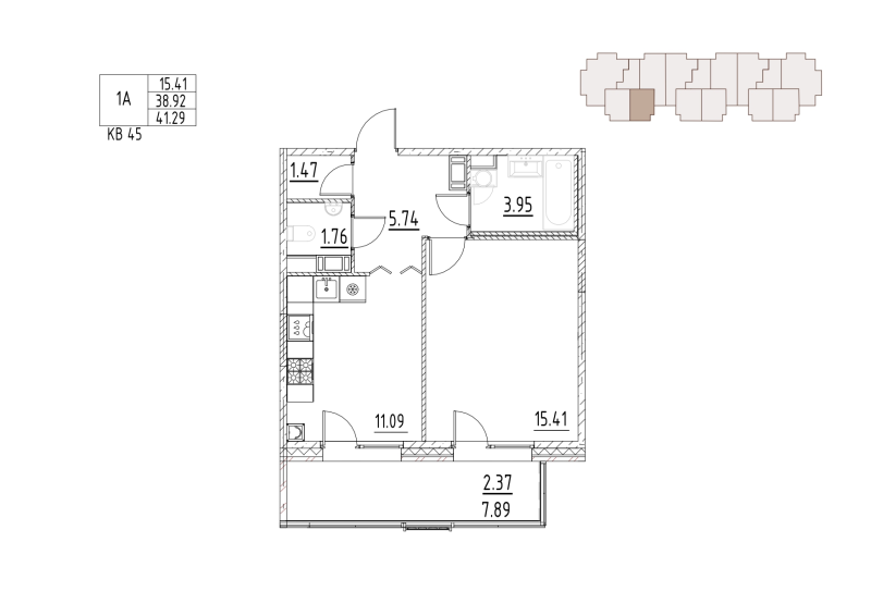 1-комнатная квартира, 43.6 м² в ЖК "Loft у озера" - планировка, фото №1