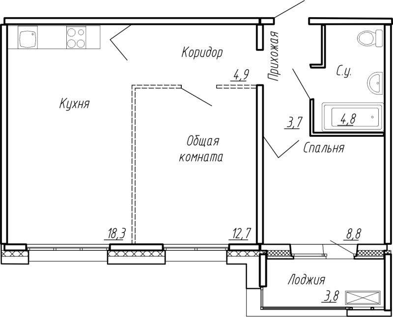 3-комнатная (Евро) квартира, 57 м² в ЖК "Сибирь" - планировка, фото №1