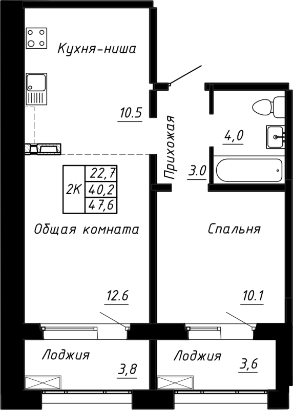 2-комнатная (Евро) квартира, 47.6 м² в ЖК "Сибирь" - планировка, фото №1
