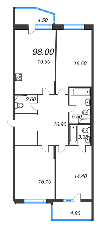 3-комнатная квартира, 98 м² - планировка, фото №1