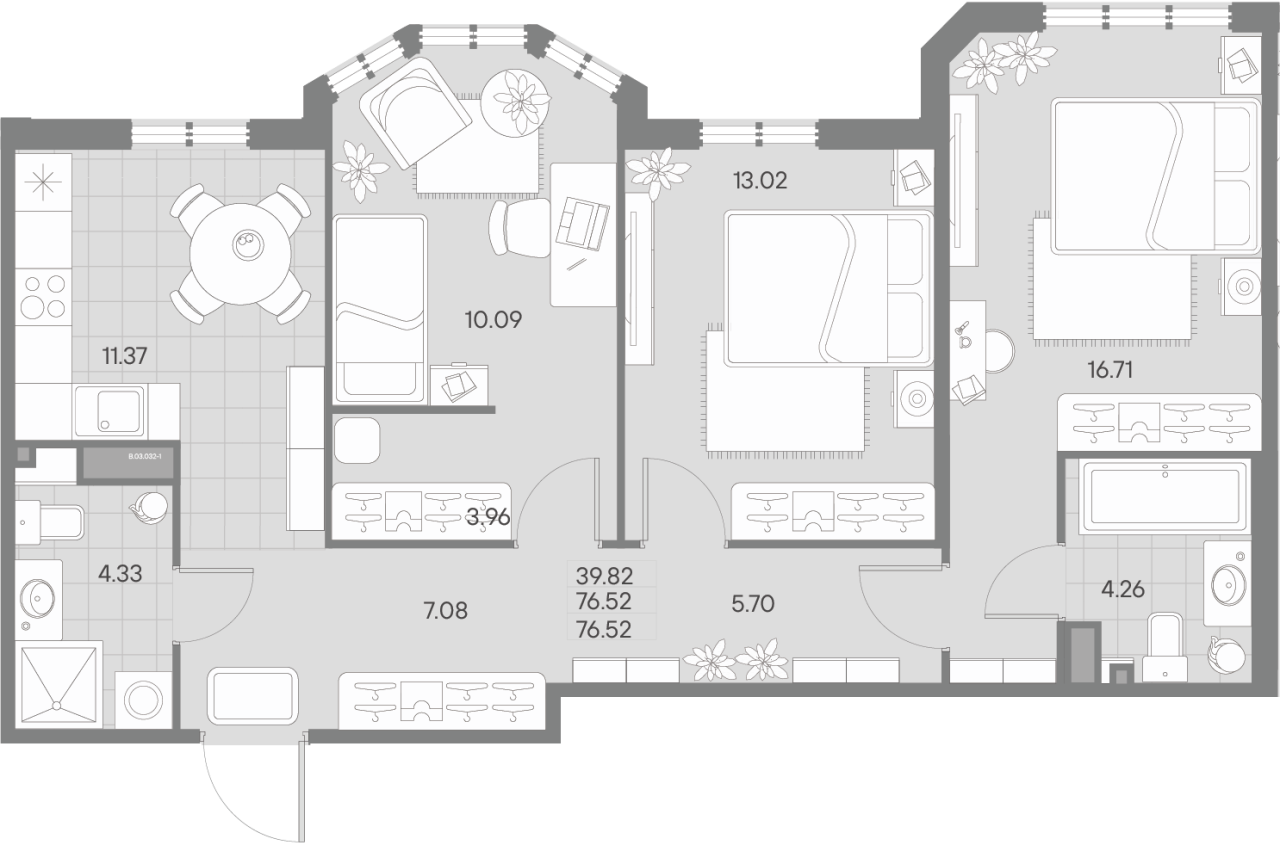 3-комнатная квартира, 76.52 м² в ЖК "Amo" - планировка, фото №1