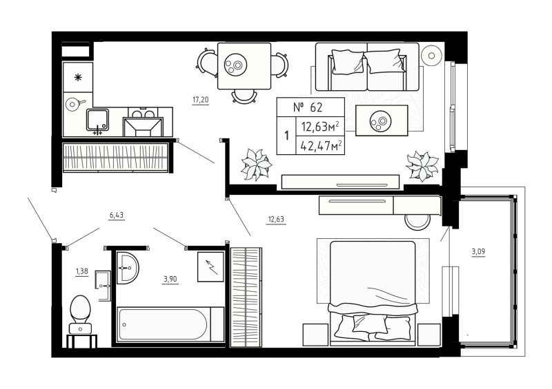2-комнатная (Евро) квартира, 42.47 м² - планировка, фото №1