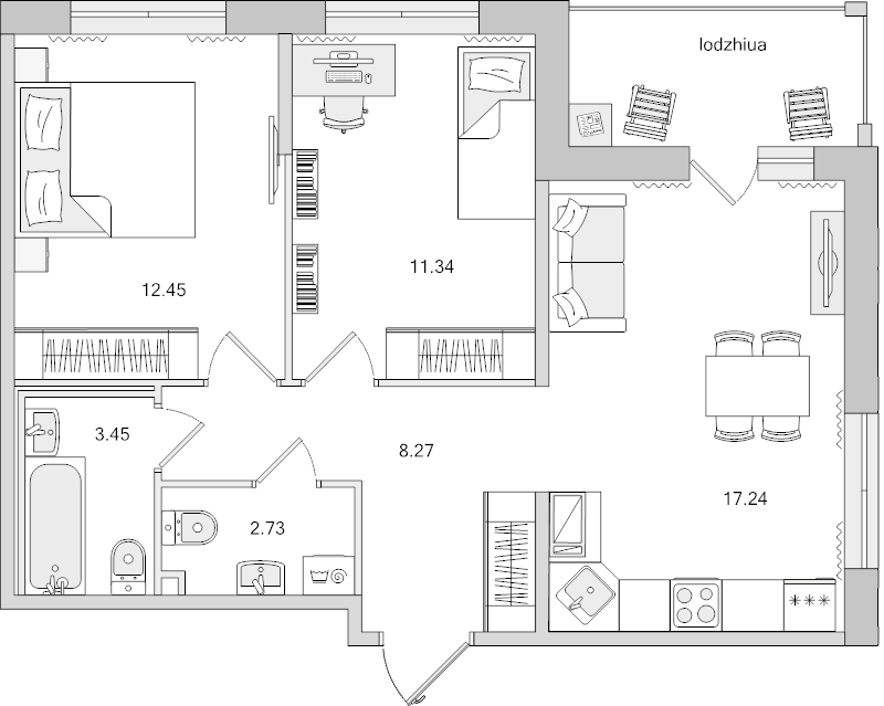 3-комнатная (Евро) квартира, 60.92 м² в ЖК "Dreamline" - планировка, фото №1