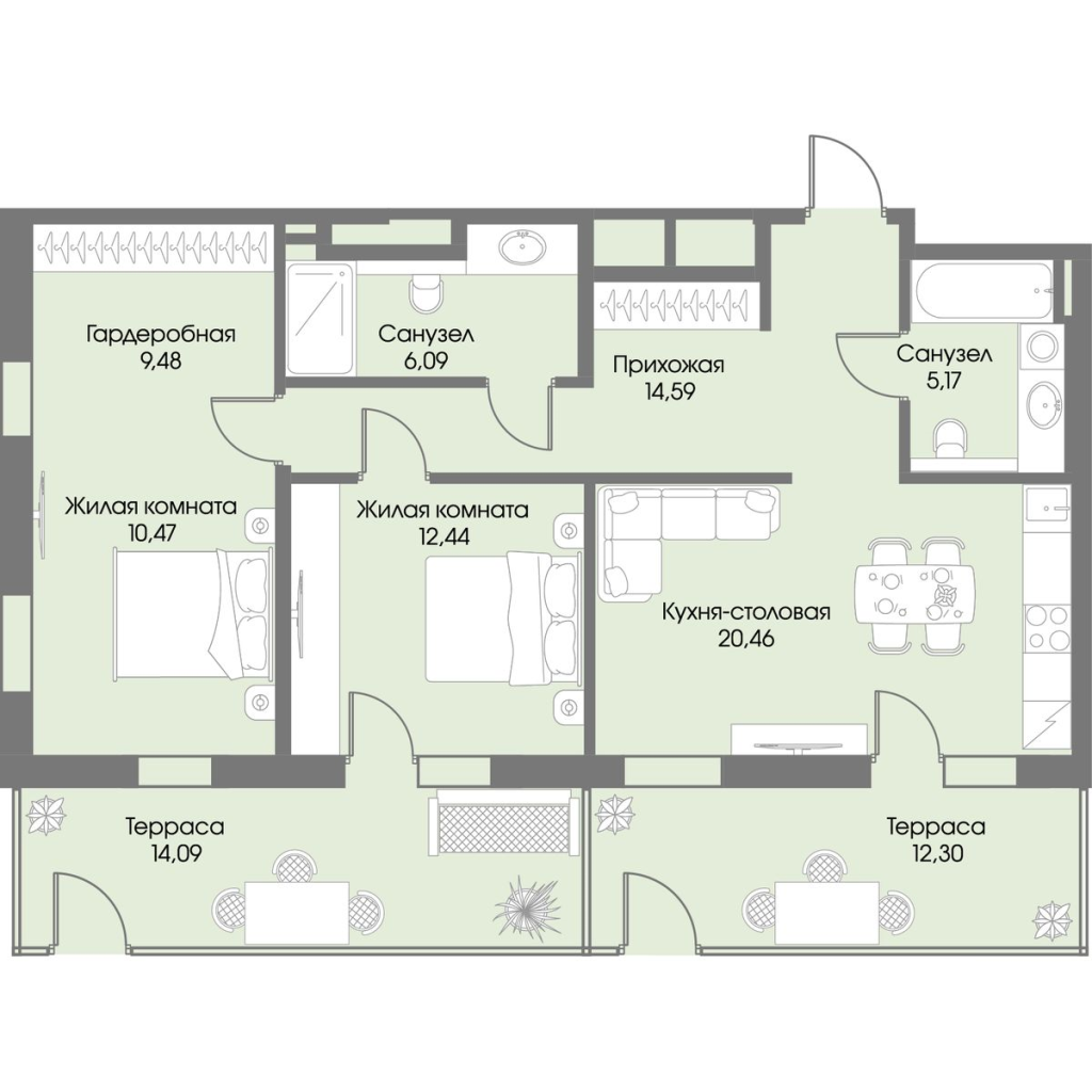 3-комнатная (Евро) квартира, 86.62 м² в ЖК "Рощино Residence" - планировка, фото №1