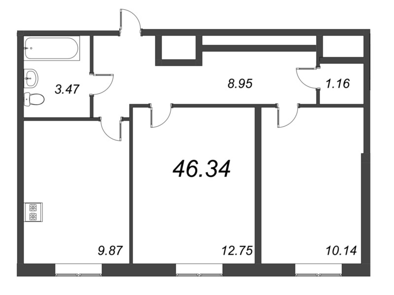 2-комнатная квартира, 46.34 м² - планировка, фото №1