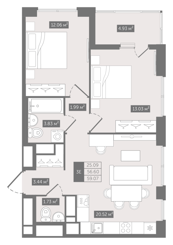 3-комнатная (Евро) квартира, 59.07 м² - планировка, фото №1