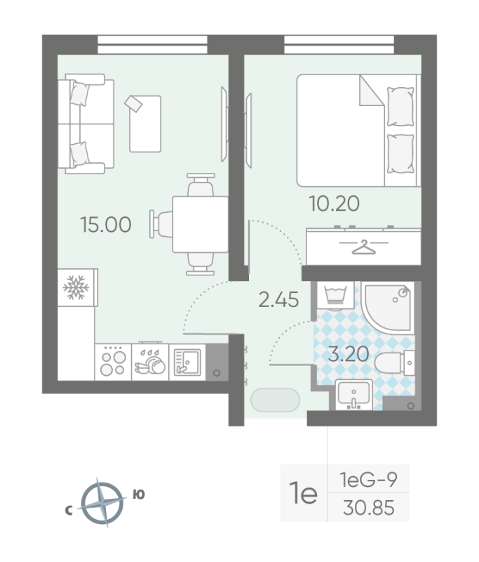 1-комнатная квартира, 30.5 м² - планировка, фото №1