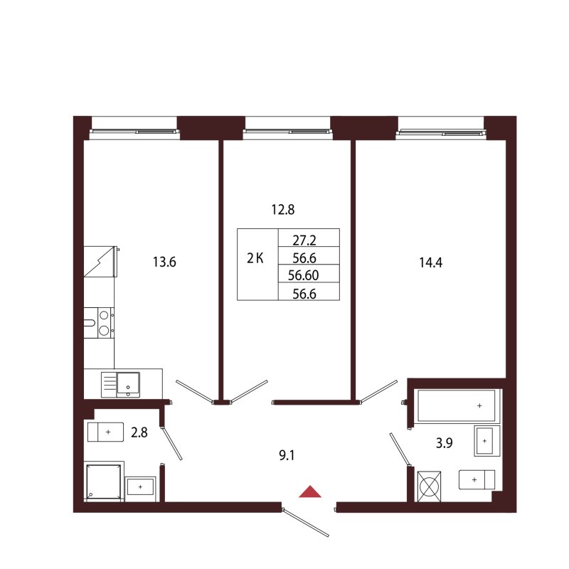2-комнатная квартира, 56.6 м² в ЖК "Лисино" - планировка, фото №1