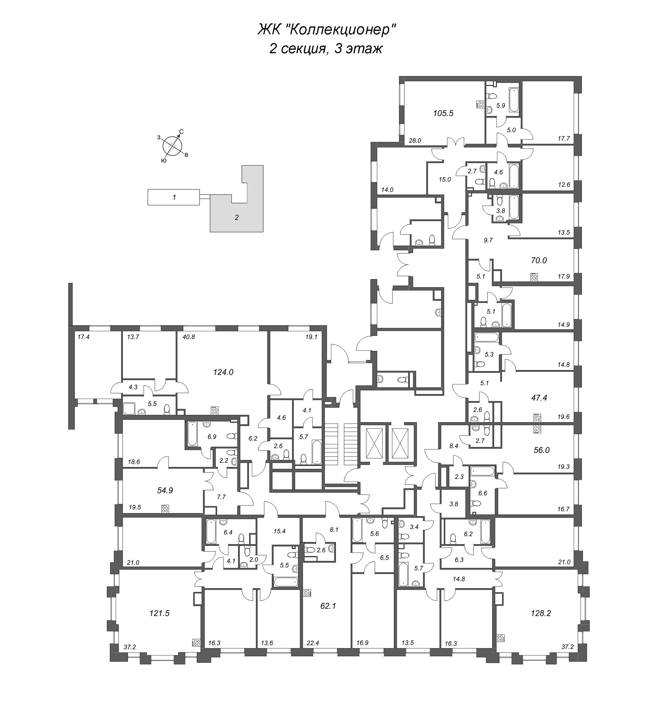 2-комнатная (Евро) квартира, 56 м² в ЖК "Коллекционер" - планировка этажа