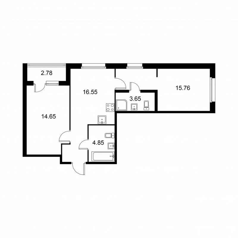3-комнатная (Евро) квартира, 56.85 м² - планировка, фото №1