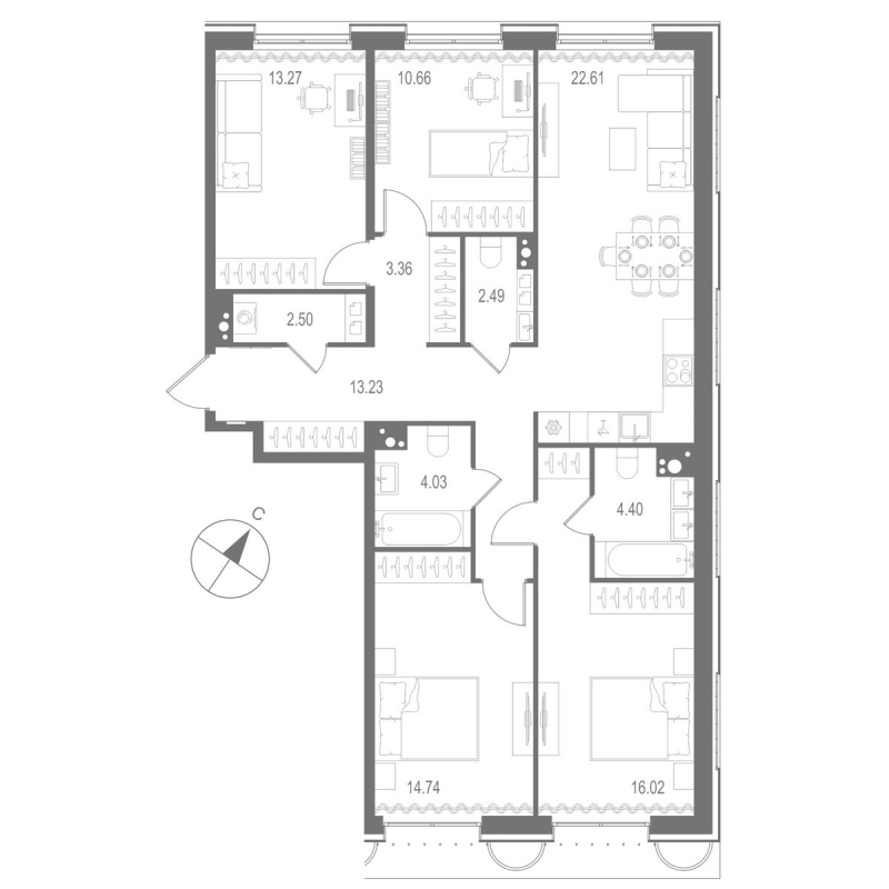 5-комнатная (Евро) квартира, 107.31 м² в ЖК "Остров Первых" - планировка, фото №1