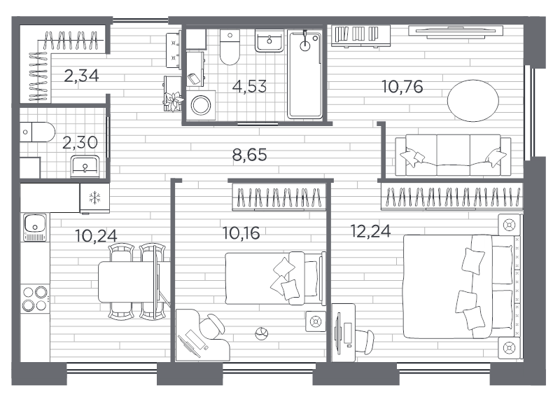 3-комнатная квартира, 61.22 м² в ЖК "PLUS Пулковский" - планировка, фото №1
