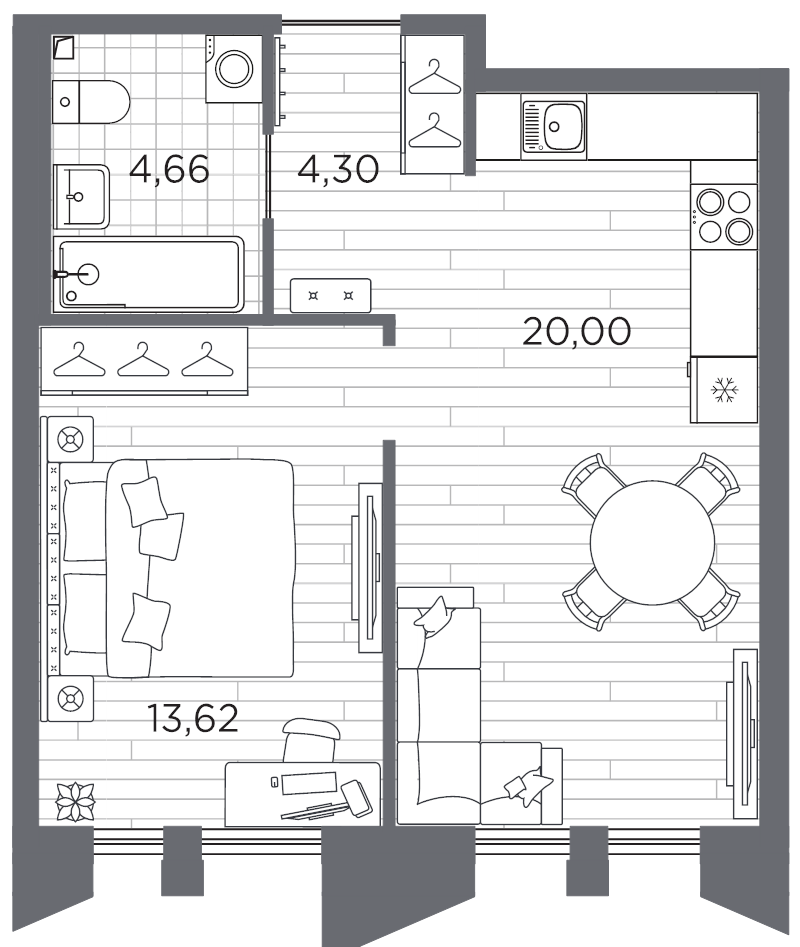 2-комнатная (Евро) квартира, 42.58 м² в ЖК "Галерная гавань" - планировка, фото №1