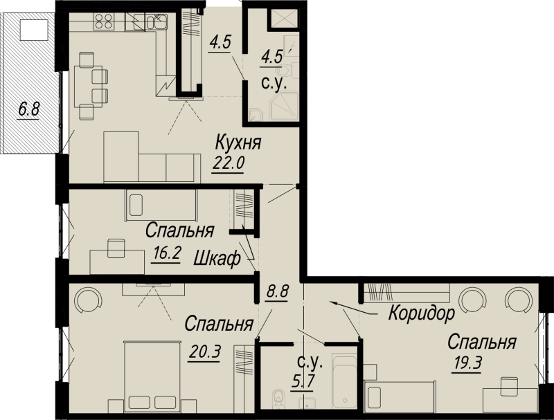 3-комнатная квартира, 106.61 м² - планировка, фото №1