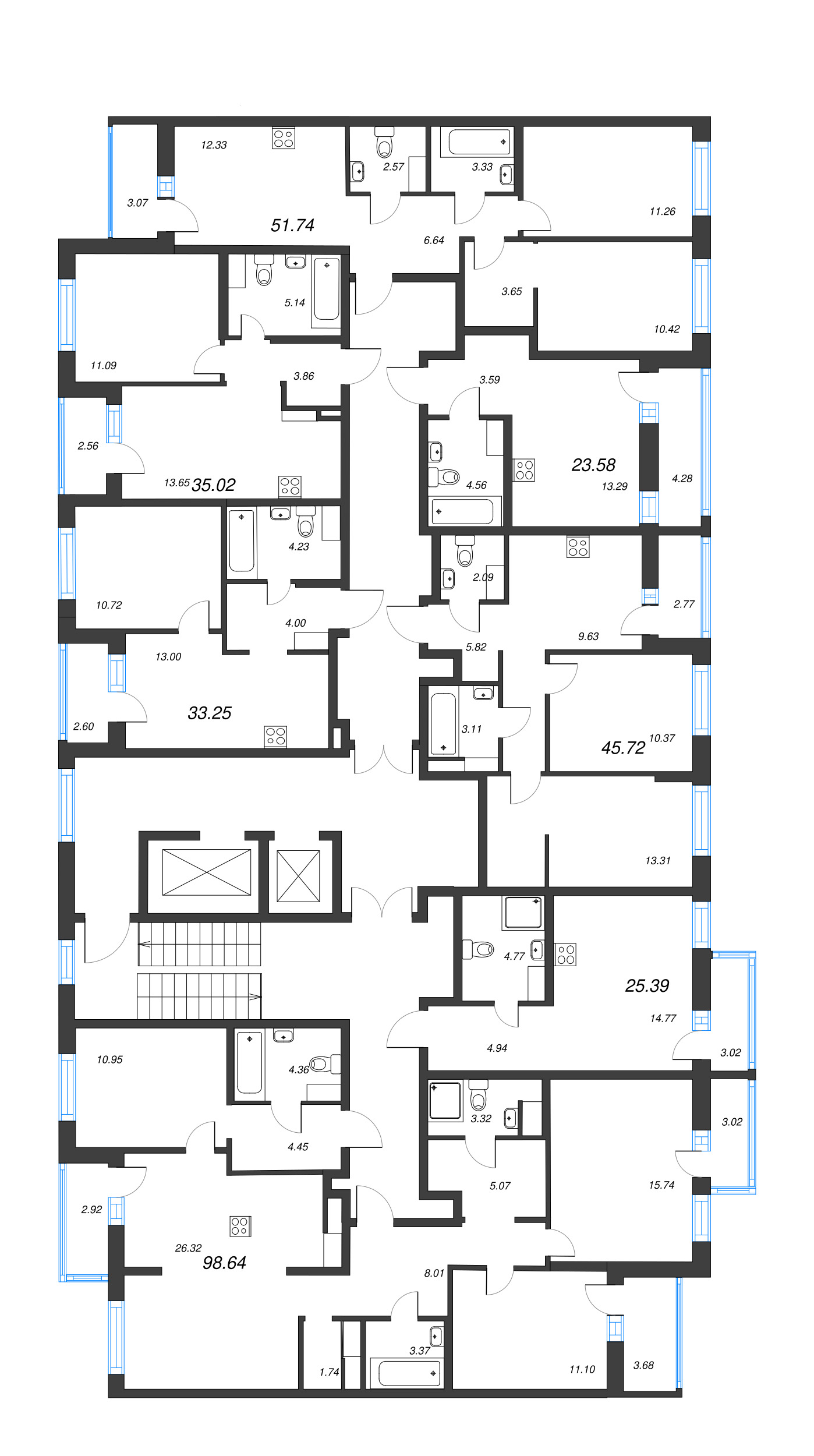 4-комнатная (Евро) квартира, 98.64 м² - планировка этажа