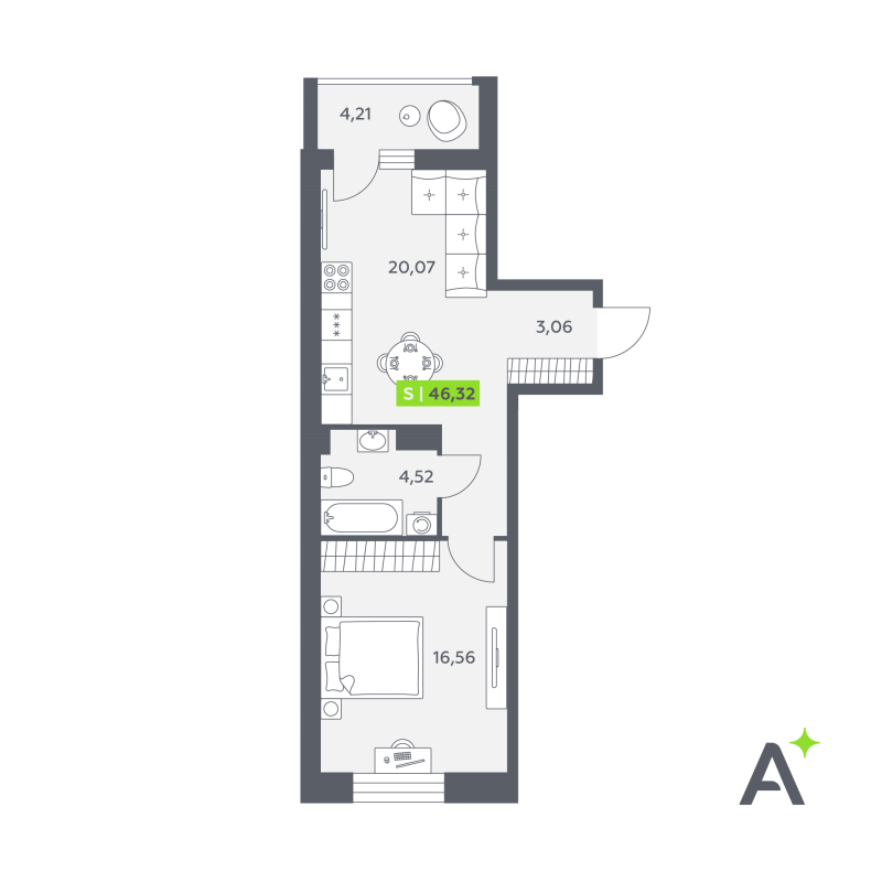2-комнатная (Евро) квартира, 46.32 м² в ЖК "Аквилон РекаПарк" - планировка, фото №1