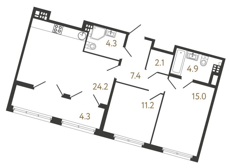 3-комнатная (Евро) квартира, 69.1 м² в ЖК "МИРЪ" - планировка, фото №1