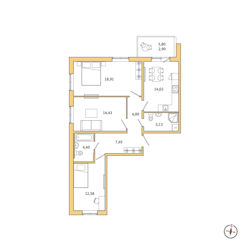 3-комнатная квартира, 81.12 м² - планировка, фото №1