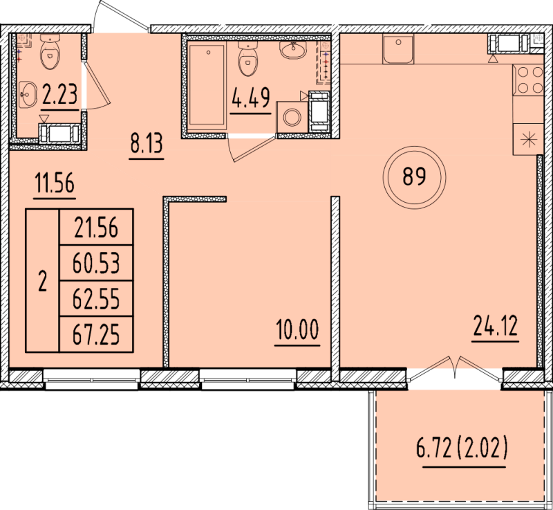 3-комнатная (Евро) квартира, 60.53 м² - планировка, фото №1