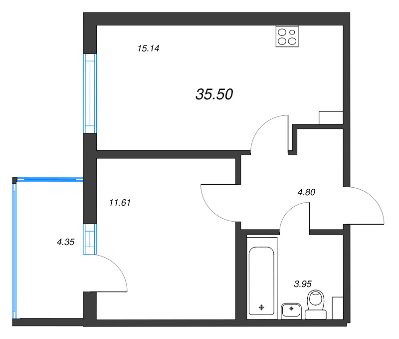 2-комнатная (Евро) квартира, 35.5 м² - планировка, фото №1