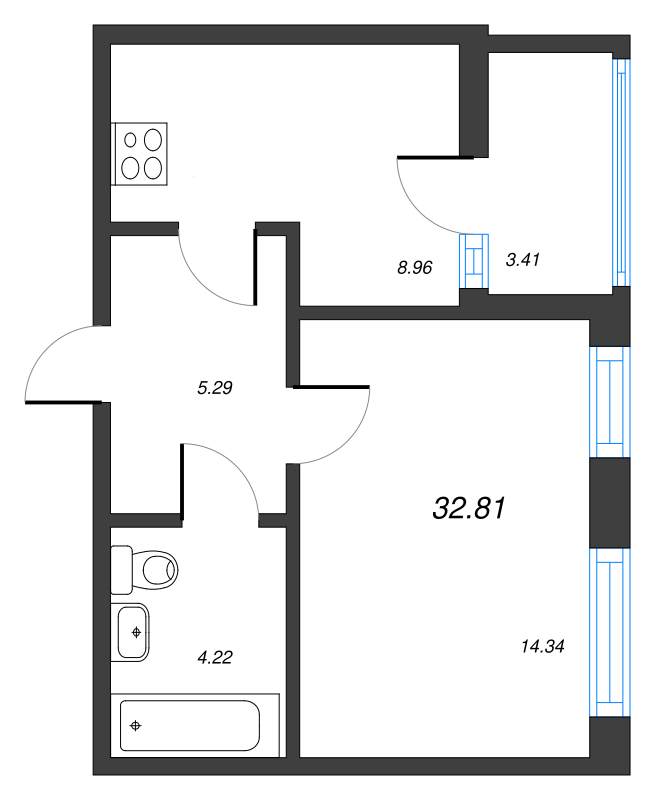 1-комнатная квартира, 32.81 м² в ЖК "Чёрная речка" - планировка, фото №1