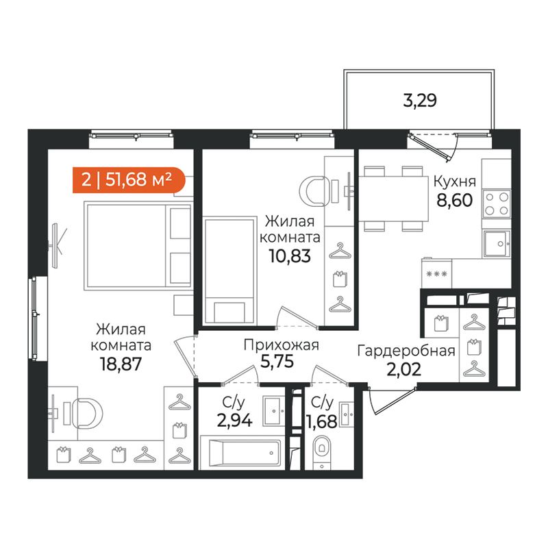 2-комнатная квартира, 51.68 м² в ЖК "Алгоритм Квинта" - планировка, фото №1