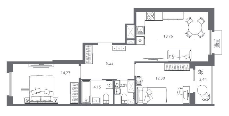 3-комнатная (Евро) квартира, 62.74 м² в ЖК "Респект" - планировка, фото №1