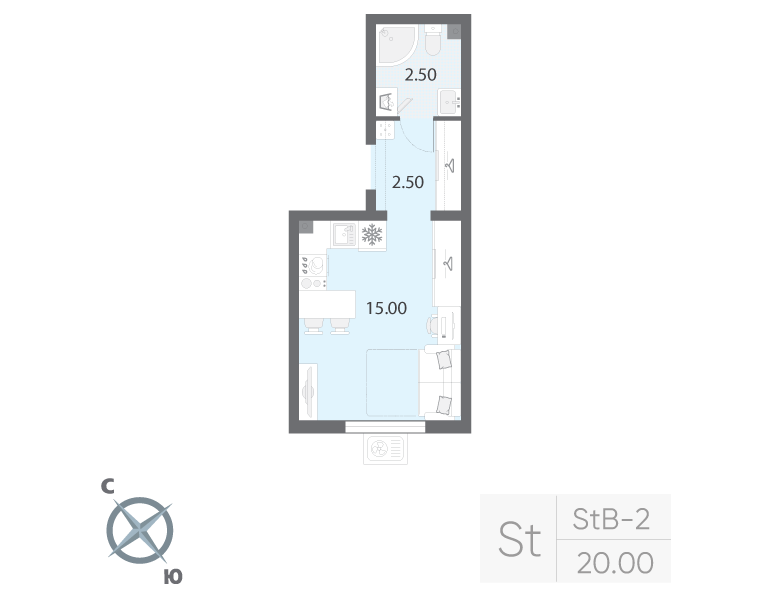 Квартира-студия, 20 м² в ЖК "Ручьи" - планировка, фото №1