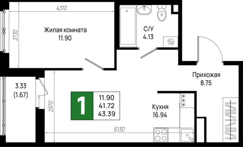 2-комнатная (Евро) квартира, 43.39 м² в ЖК "Имена" - планировка, фото №1