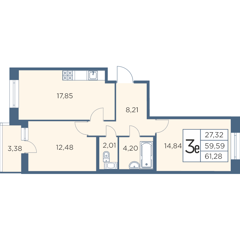 3-комнатная (Евро) квартира, 61.28 м² - планировка, фото №1