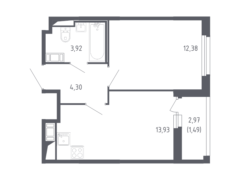 1-комнатная квартира, 36.02 м² - планировка, фото №1