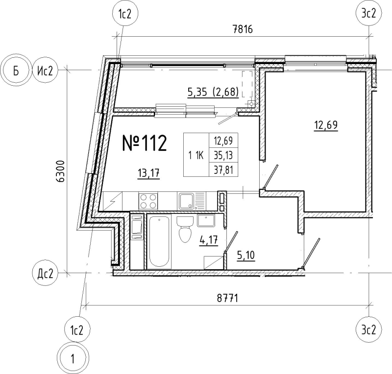 1-комнатная квартира, 37.81 м² в ЖК "N8" - планировка, фото №1