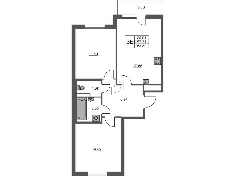 3-комнатная (Евро) квартира, 58.3 м² - планировка, фото №1