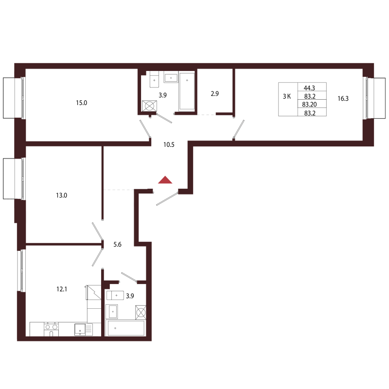 3-комнатная квартира, 83.2 м² в ЖК "Лисино" - планировка, фото №1