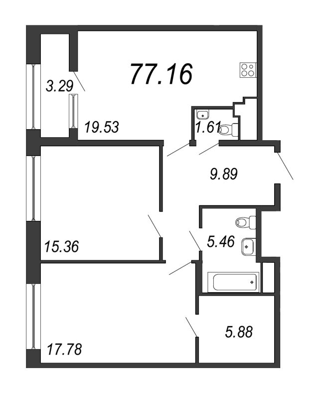 3-комнатная (Евро) квартира, 77.16 м² - планировка, фото №1