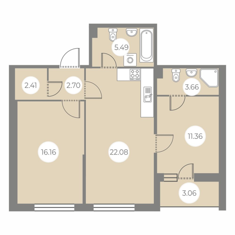 3-комнатная (Евро) квартира, 65.39 м² - планировка, фото №1