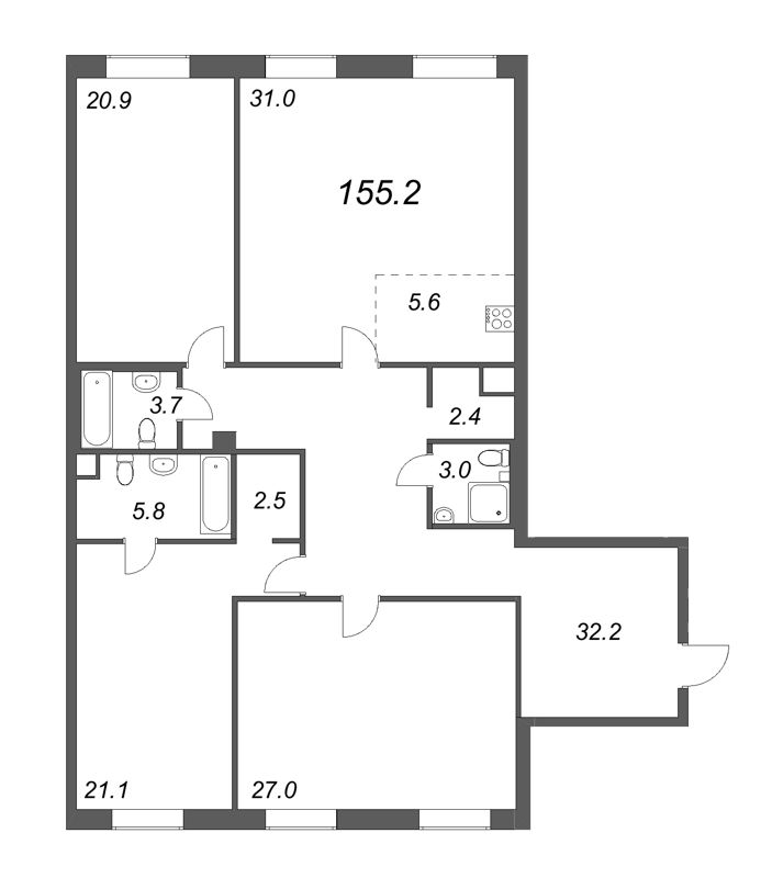 4-комнатная (Евро) квартира, 155.9 м² - планировка, фото №1