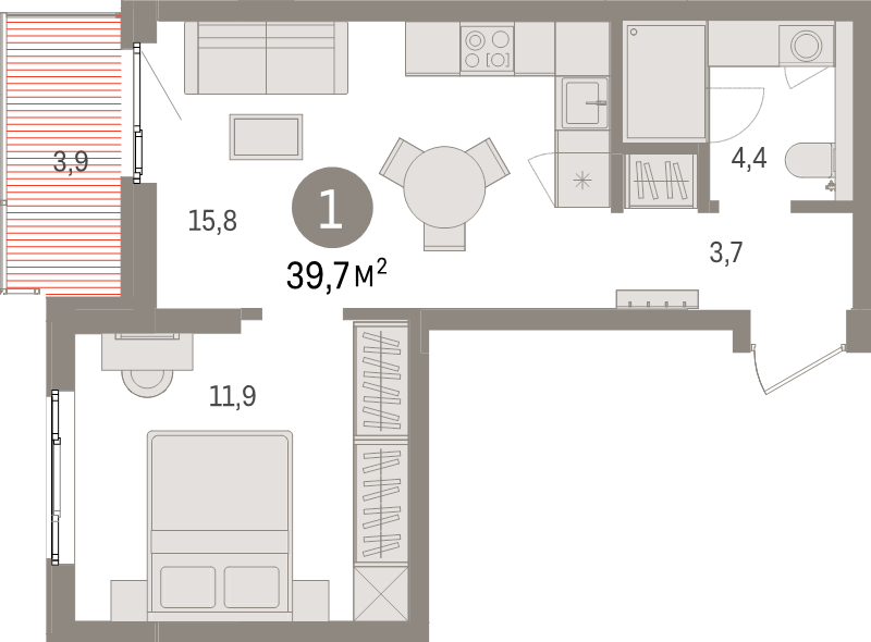2-комнатная (Евро) квартира, 39.7 м² в ЖК "Брусника в Новоселье" - планировка, фото №1