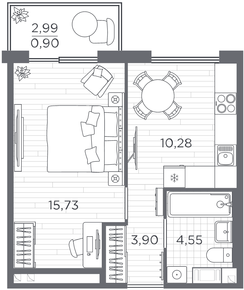 1-комнатная квартира, 35.36 м² - планировка, фото №1